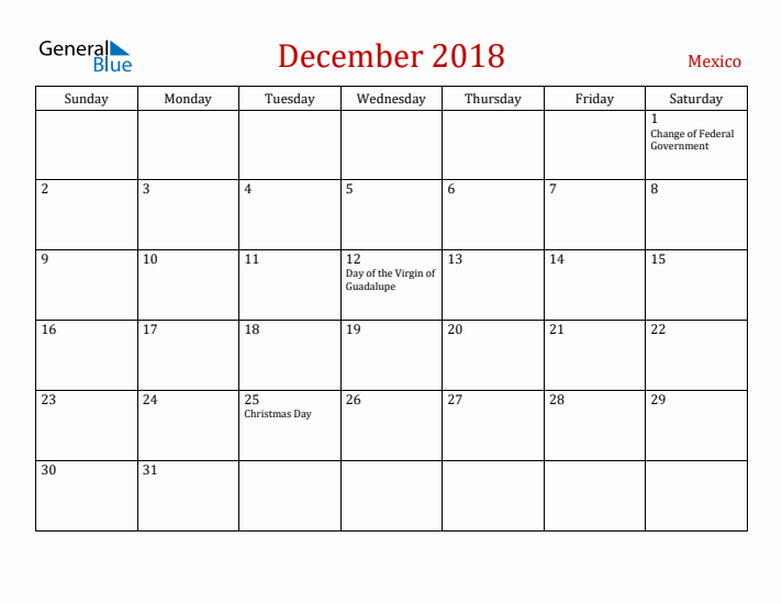 Mexico December 2018 Calendar - Sunday Start