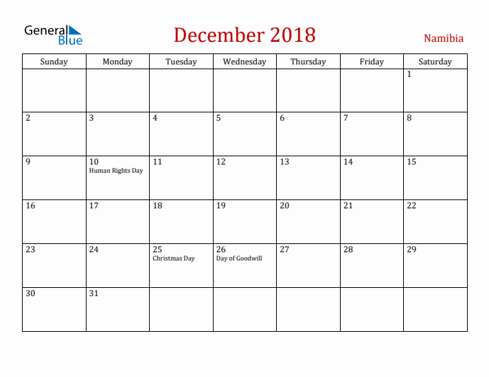 Namibia December 2018 Calendar - Sunday Start