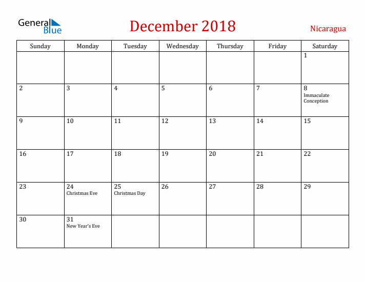 Nicaragua December 2018 Calendar - Sunday Start