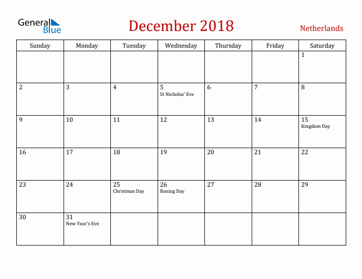 The Netherlands December 2018 Calendar - Sunday Start