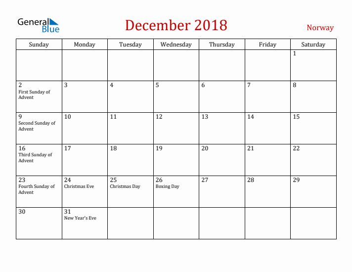 Norway December 2018 Calendar - Sunday Start