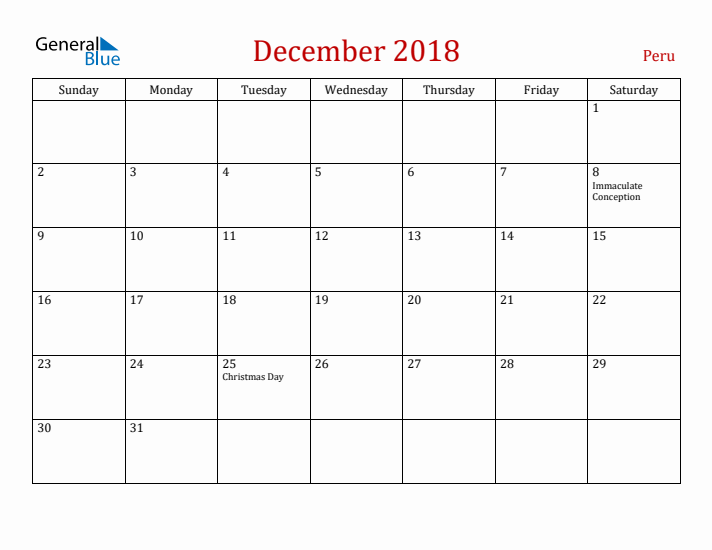 Peru December 2018 Calendar - Sunday Start