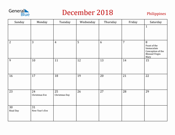 Philippines December 2018 Calendar - Sunday Start