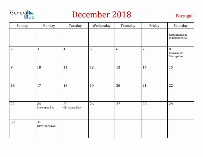Portugal December 2018 Calendar - Sunday Start