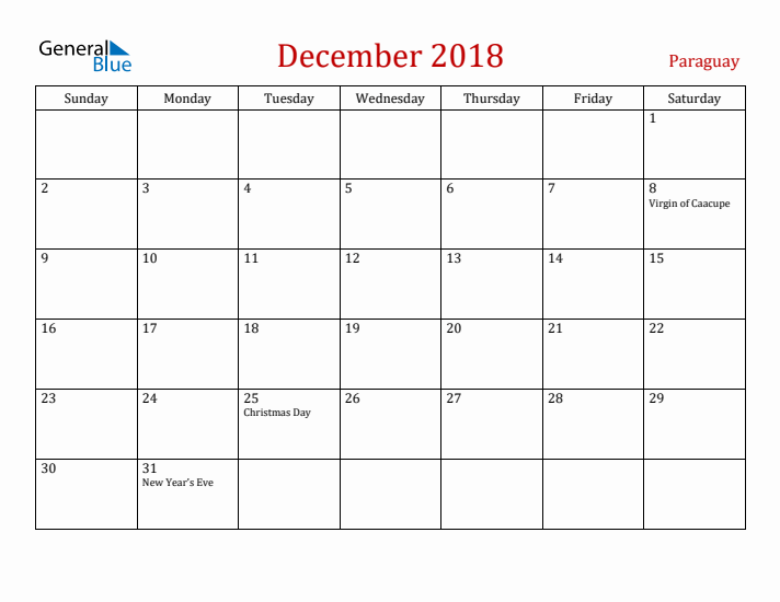 Paraguay December 2018 Calendar - Sunday Start