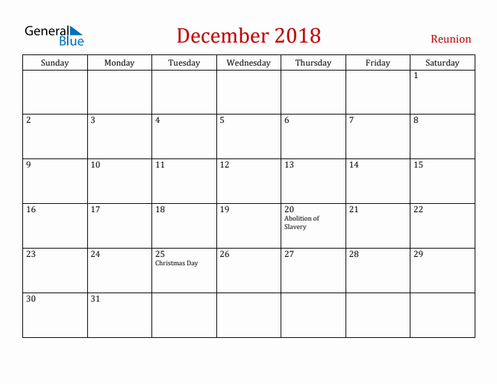 Reunion December 2018 Calendar - Sunday Start