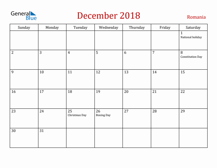 Romania December 2018 Calendar - Sunday Start