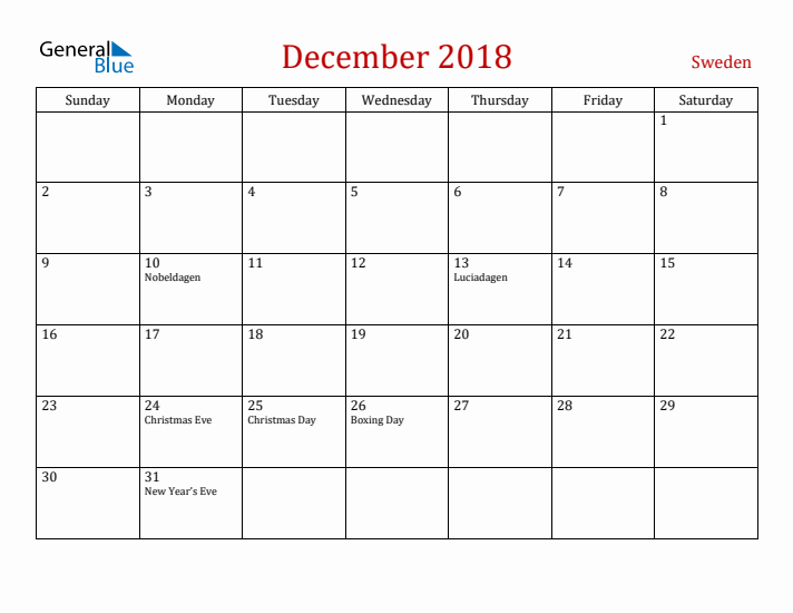 Sweden December 2018 Calendar - Sunday Start