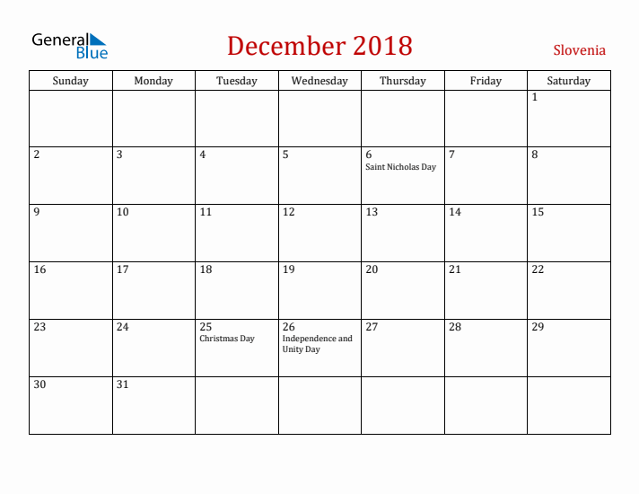 Slovenia December 2018 Calendar - Sunday Start