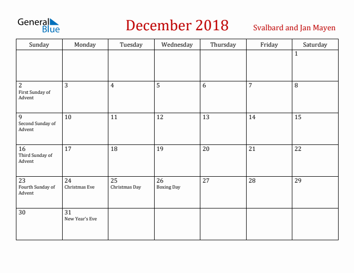 Svalbard and Jan Mayen December 2018 Calendar - Sunday Start