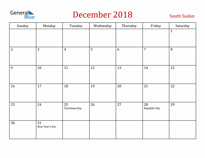 South Sudan December 2018 Calendar - Sunday Start