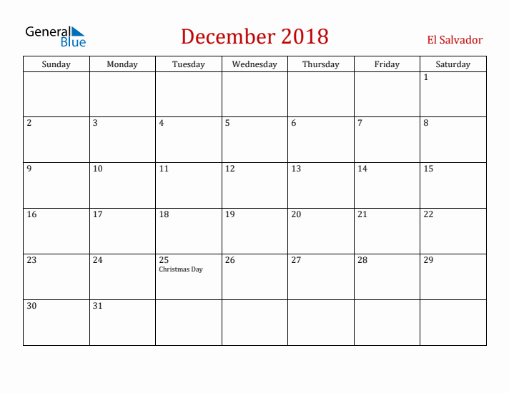 El Salvador December 2018 Calendar - Sunday Start