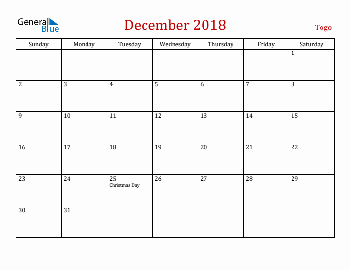 Togo December 2018 Calendar - Sunday Start