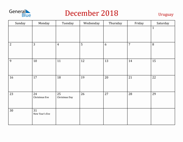 Uruguay December 2018 Calendar - Sunday Start
