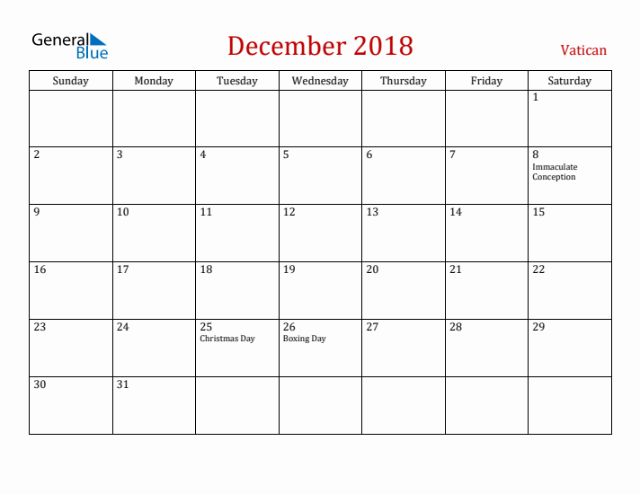 Vatican December 2018 Calendar - Sunday Start