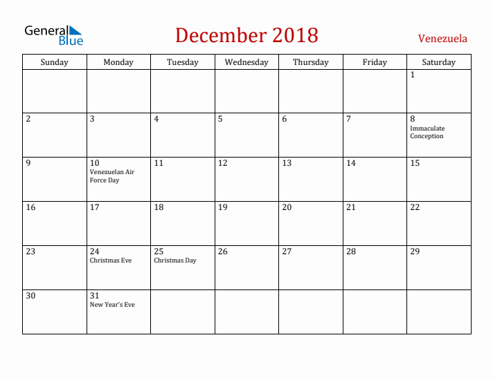Venezuela December 2018 Calendar - Sunday Start