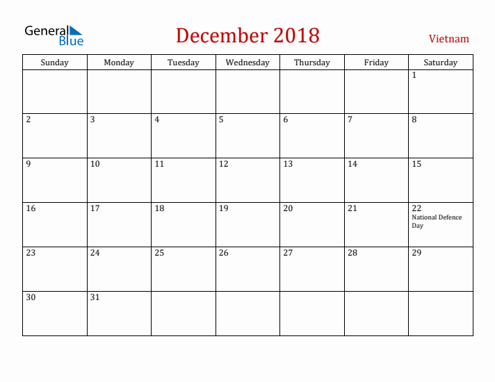 Vietnam December 2018 Calendar - Sunday Start