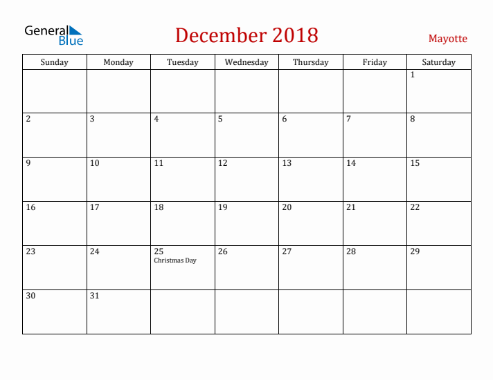 Mayotte December 2018 Calendar - Sunday Start
