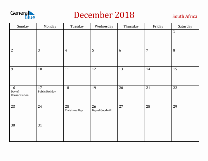 South Africa December 2018 Calendar - Sunday Start