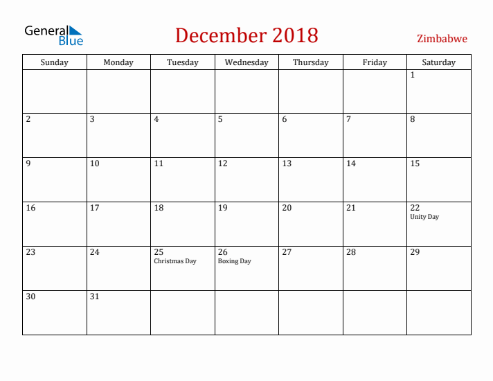 Zimbabwe December 2018 Calendar - Sunday Start