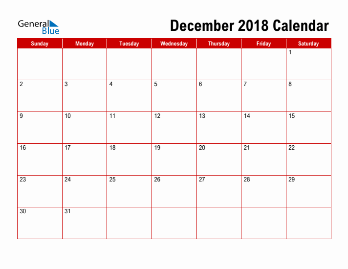 Simple Monthly Calendar - December 2018
