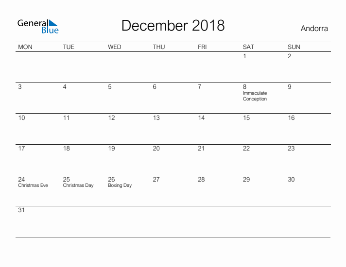 Printable December 2018 Calendar for Andorra