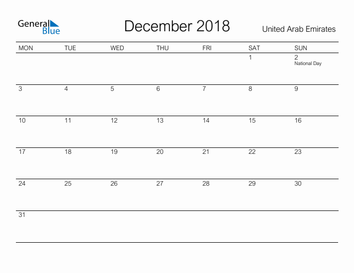 Printable December 2018 Calendar for United Arab Emirates