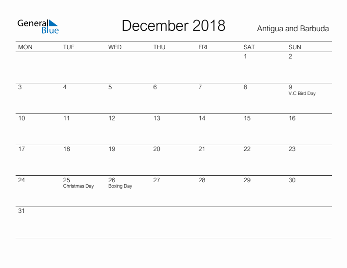 Printable December 2018 Calendar for Antigua and Barbuda