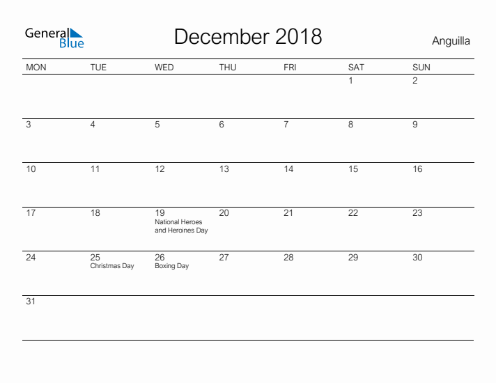 Printable December 2018 Calendar for Anguilla