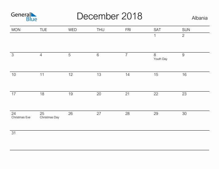 Printable December 2018 Calendar for Albania