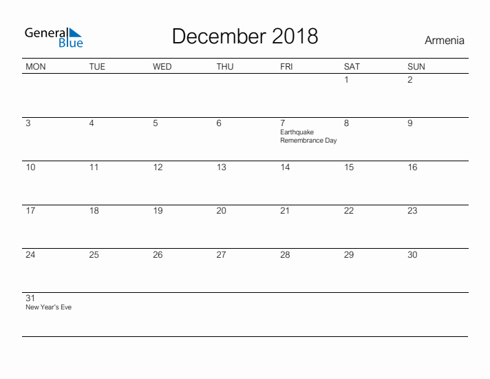 Printable December 2018 Calendar for Armenia