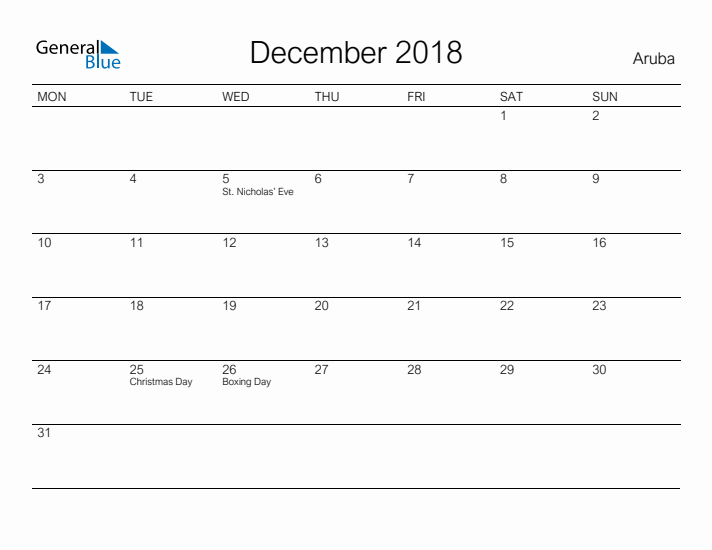 Printable December 2018 Calendar for Aruba