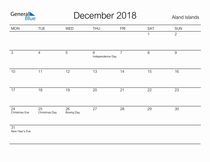 Printable December 2018 Calendar for Aland Islands