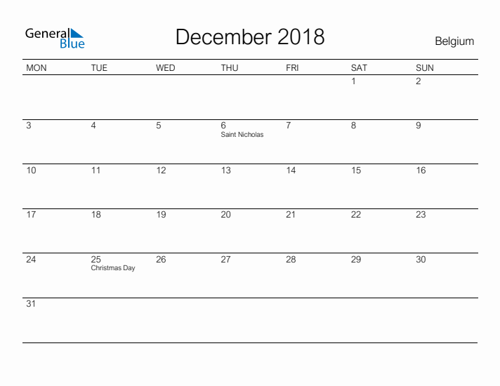 Printable December 2018 Calendar for Belgium