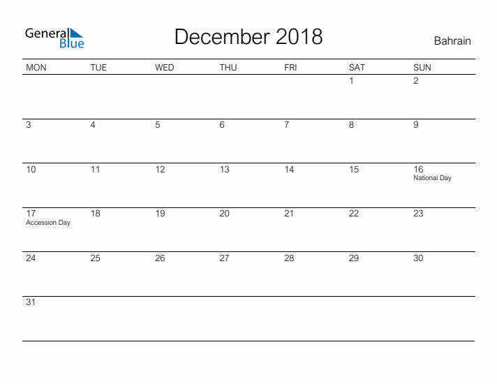 Printable December 2018 Calendar for Bahrain