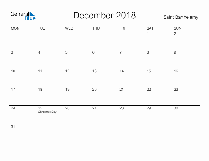 Printable December 2018 Calendar for Saint Barthelemy