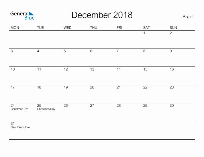 Printable December 2018 Calendar for Brazil