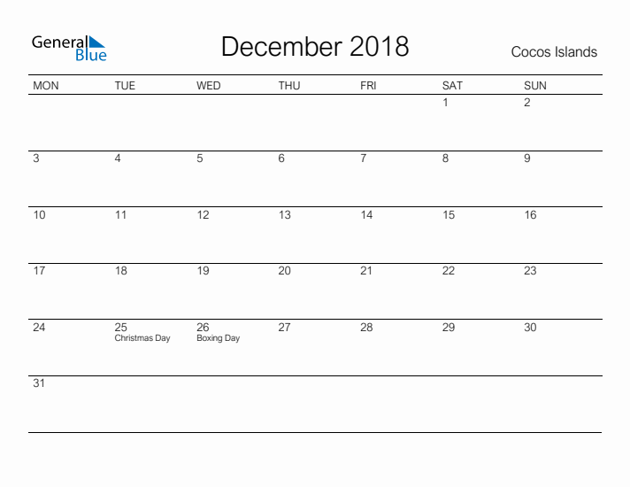 Printable December 2018 Calendar for Cocos Islands