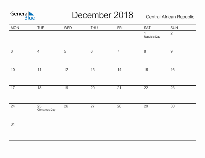 Printable December 2018 Calendar for Central African Republic