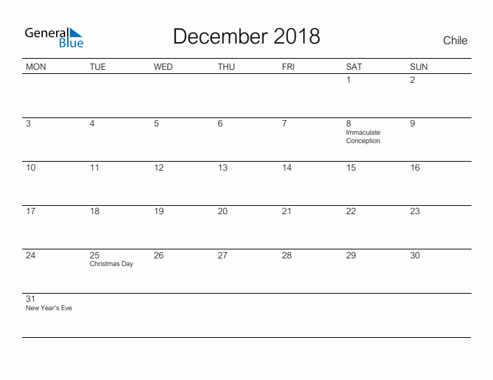 Printable December 2018 Calendar for Chile
