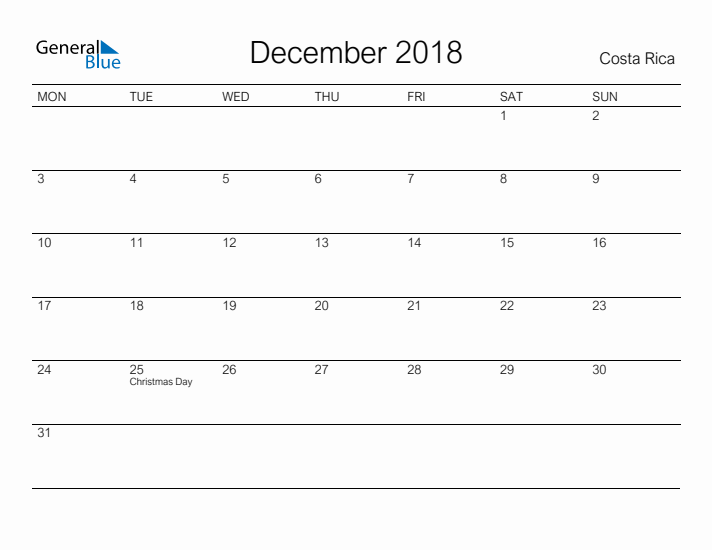 Printable December 2018 Calendar for Costa Rica