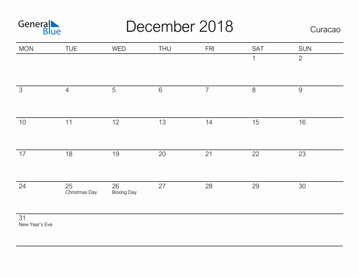 Printable December 2018 Calendar for Curacao