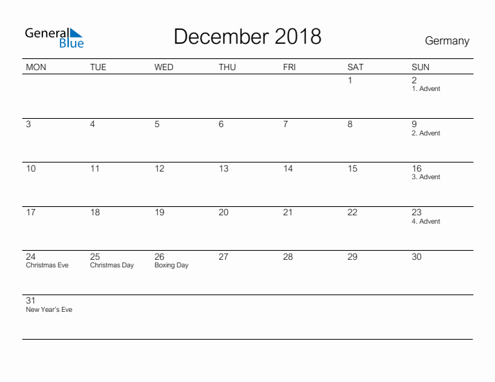 Printable December 2018 Calendar for Germany