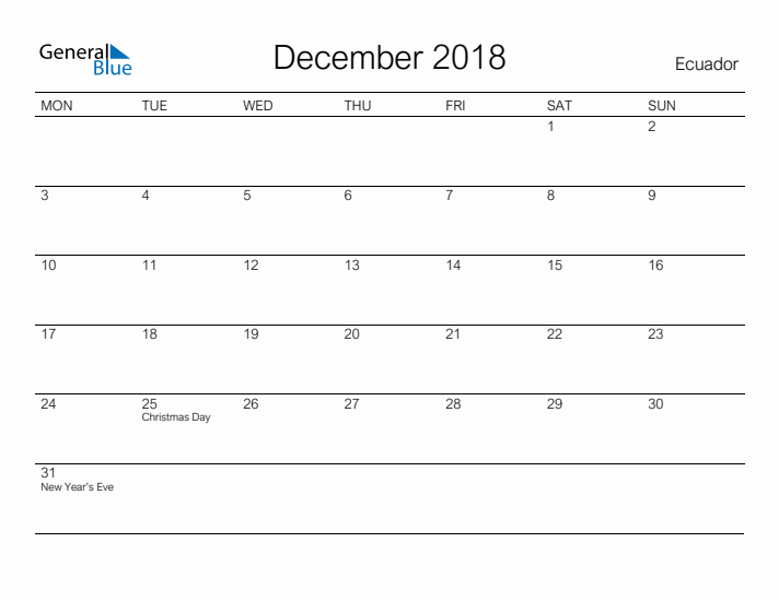 Printable December 2018 Calendar for Ecuador