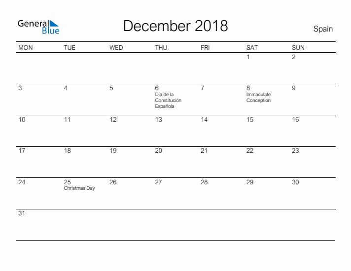 Printable December 2018 Calendar for Spain