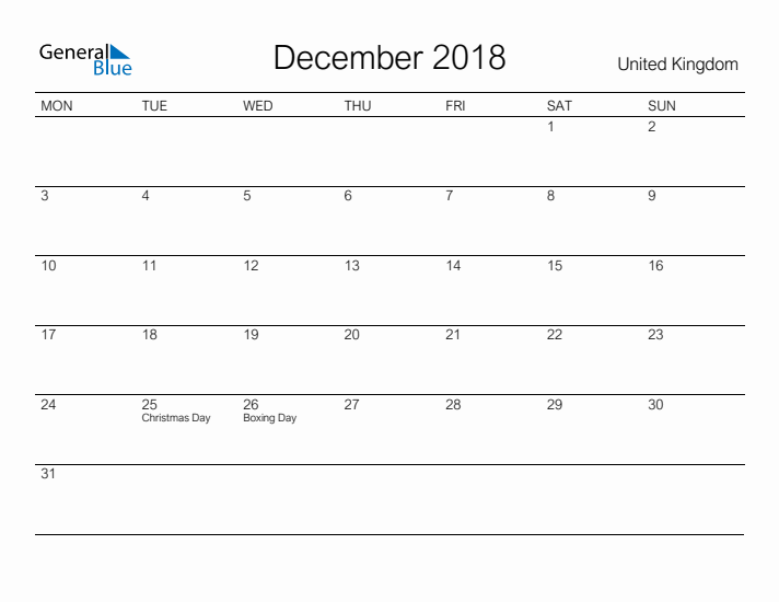 Printable December 2018 Calendar for United Kingdom