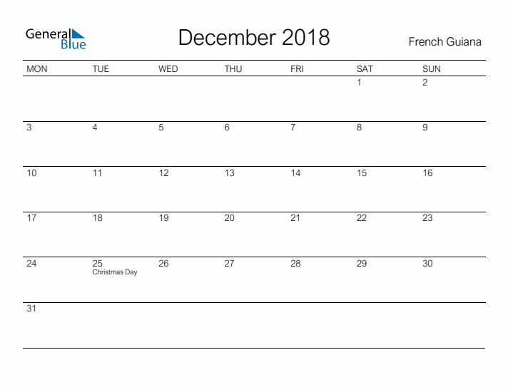 Printable December 2018 Calendar for French Guiana