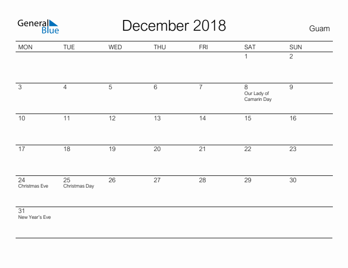 Printable December 2018 Calendar for Guam