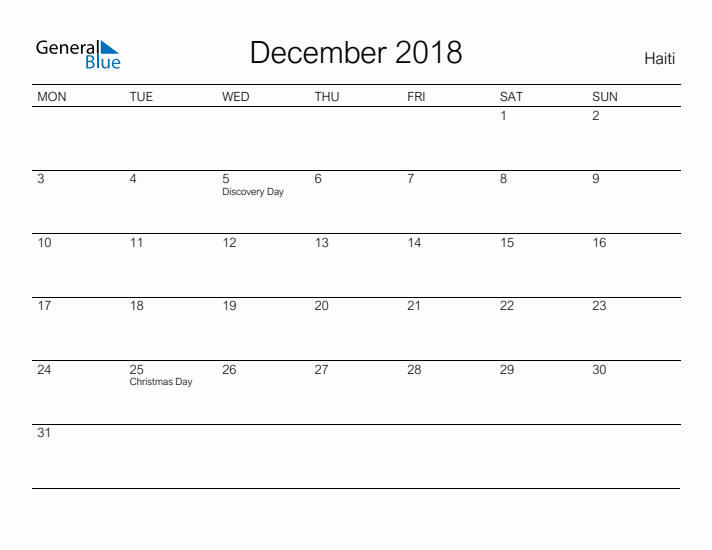 Printable December 2018 Calendar for Haiti