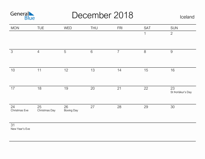 Printable December 2018 Calendar for Iceland